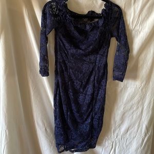 NWT Navy sheer lace dress sz S 3/4-long sleeves side zipper on/off shoulder